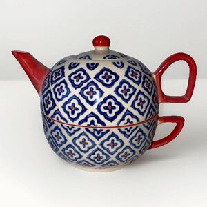 Yokohama Studio Teapot Stacking Cup & Teapot Lid  3pc Red Blue White Hd Painted